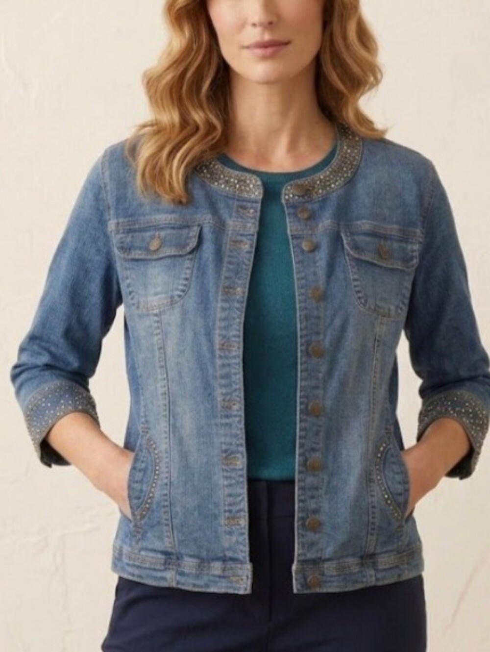 Live a Little Studded Blue Denim Jacket Size XL